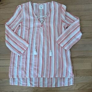NEW Billabong Medium Coral & White Striped 100% Cotton Tunic Top Beach Cover Up